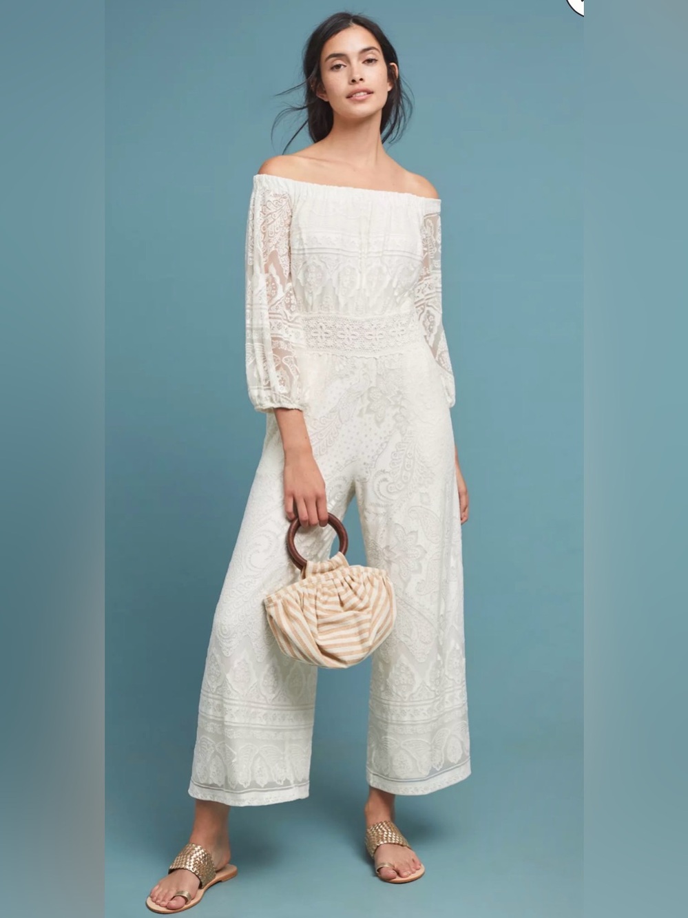 Anthropologie Farm Rio Elliot Off-the-Shoulder Jumpsuit size M white floral